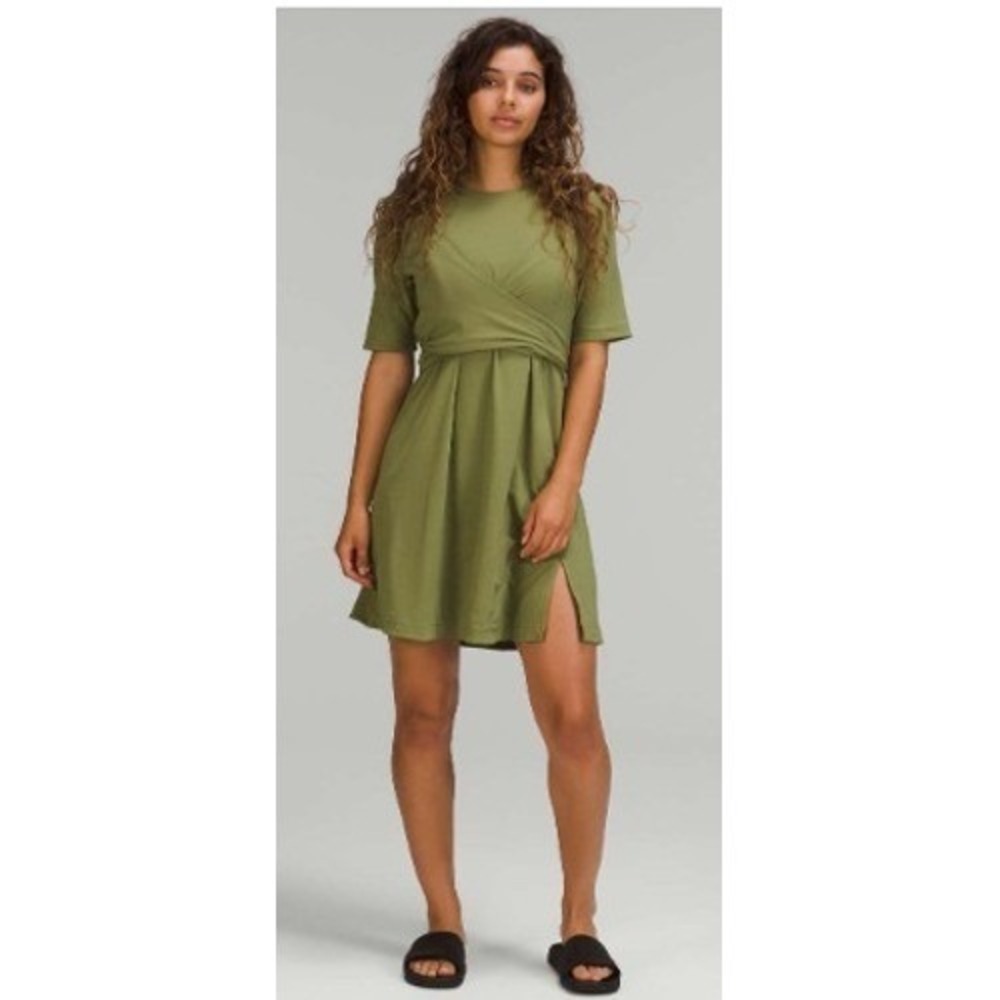 Lululemon Cotton Wrap Front T-Shirt‎ Dress Womens M Bronze Green Mini EUC